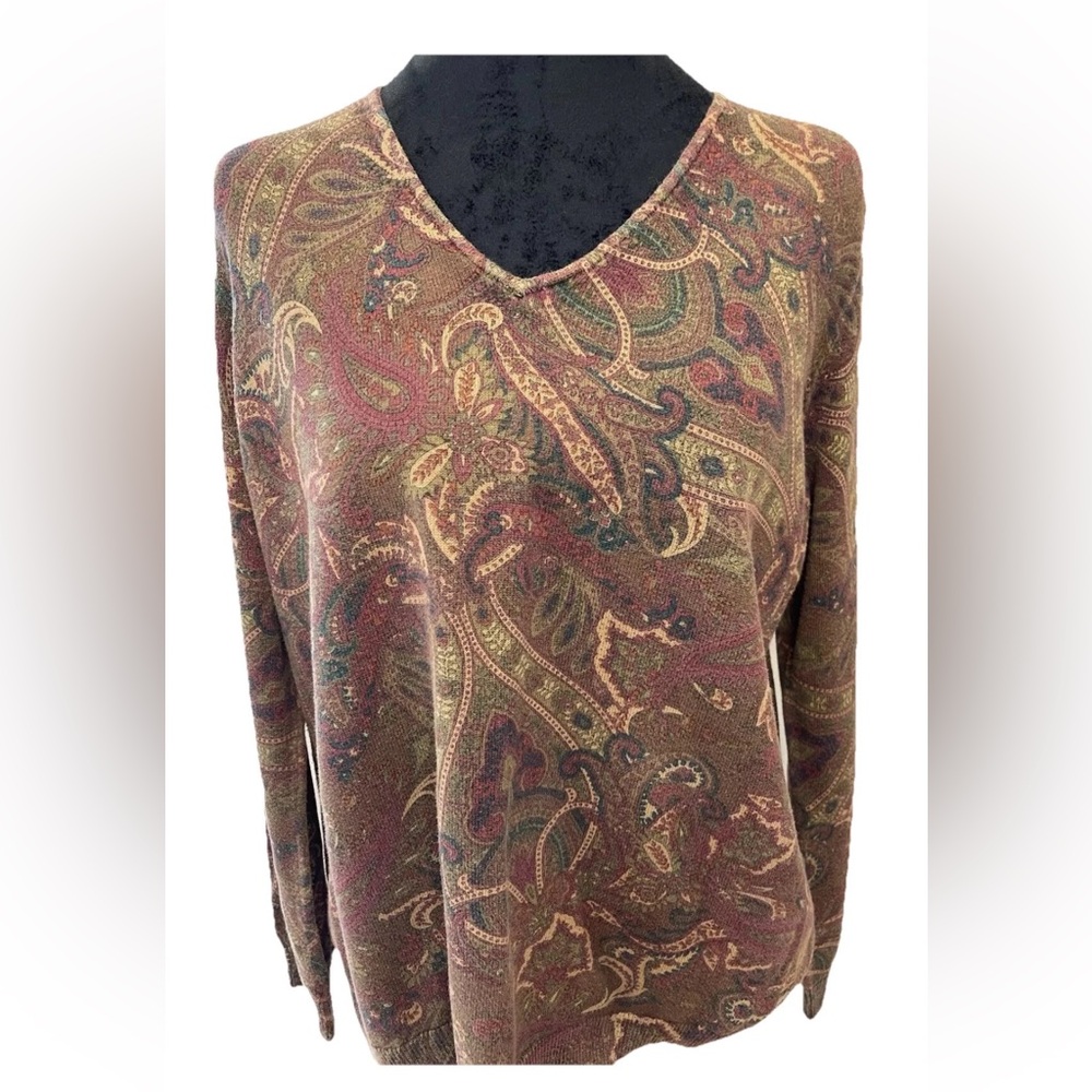 Chaps ladies all cotton pullover sweater size 1X-brown floral paisley Y2K /90s‎
